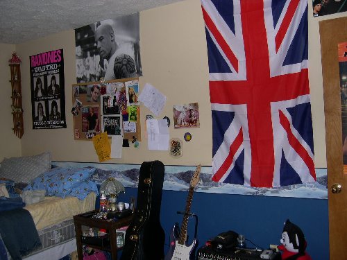 Brit flag, Ramones, and yea that's a Vin Diesel poster above my bed and on my door. :)